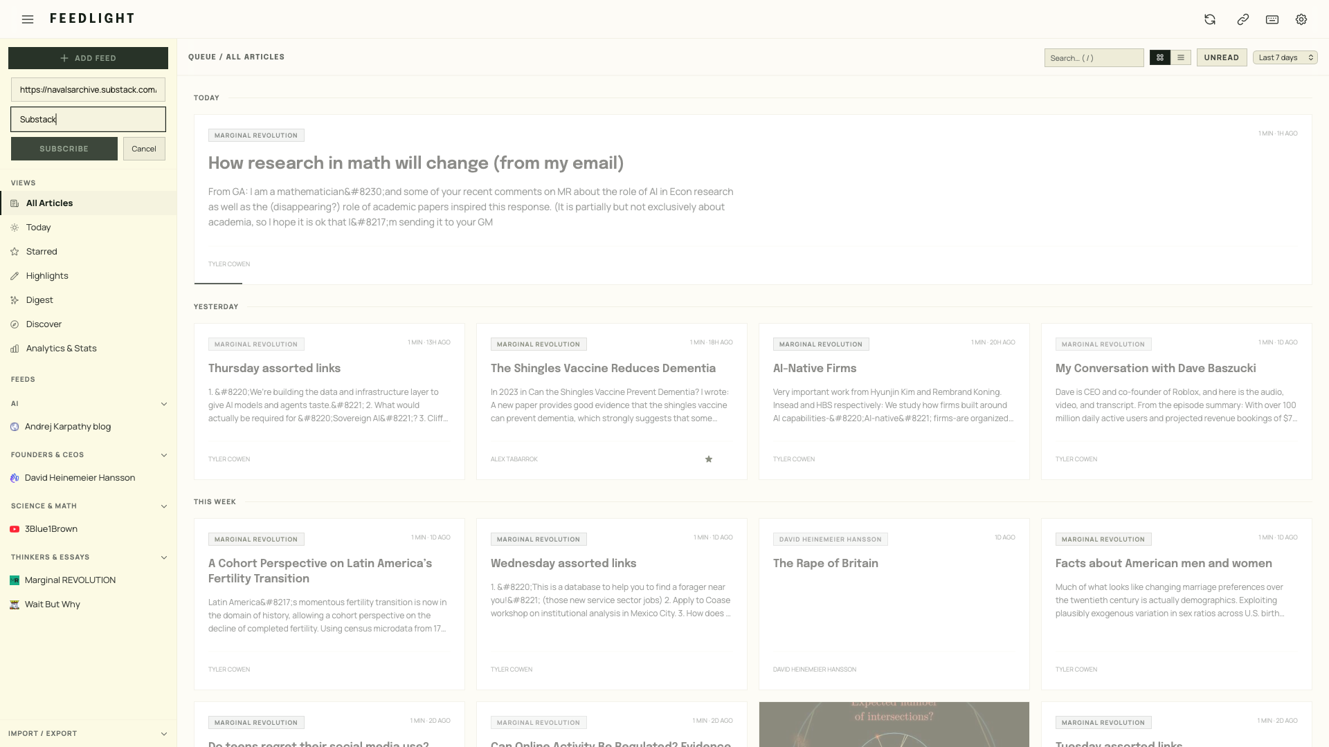 Adding a feed — paste a site or feed URL and, optionally, a folder