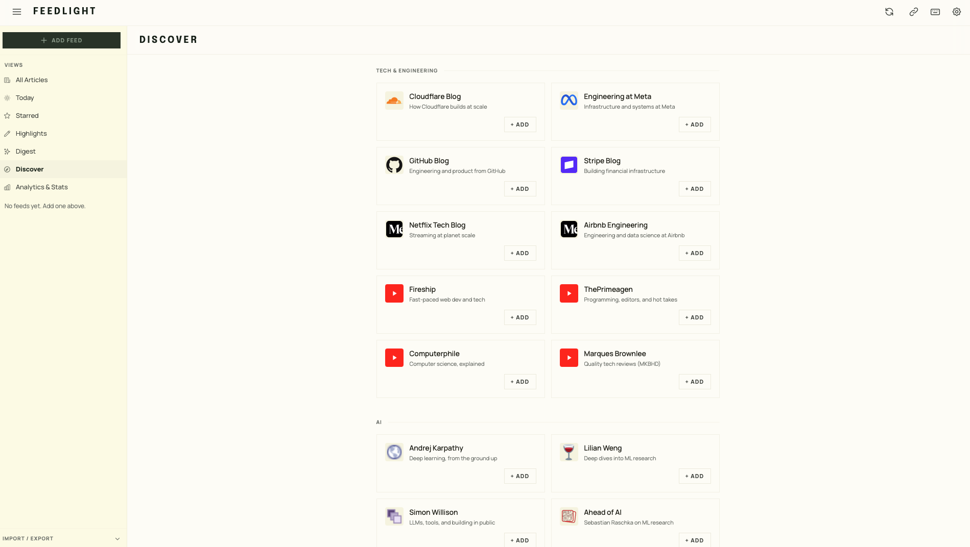 Discover — a curated catalog of feeds grouped by topic