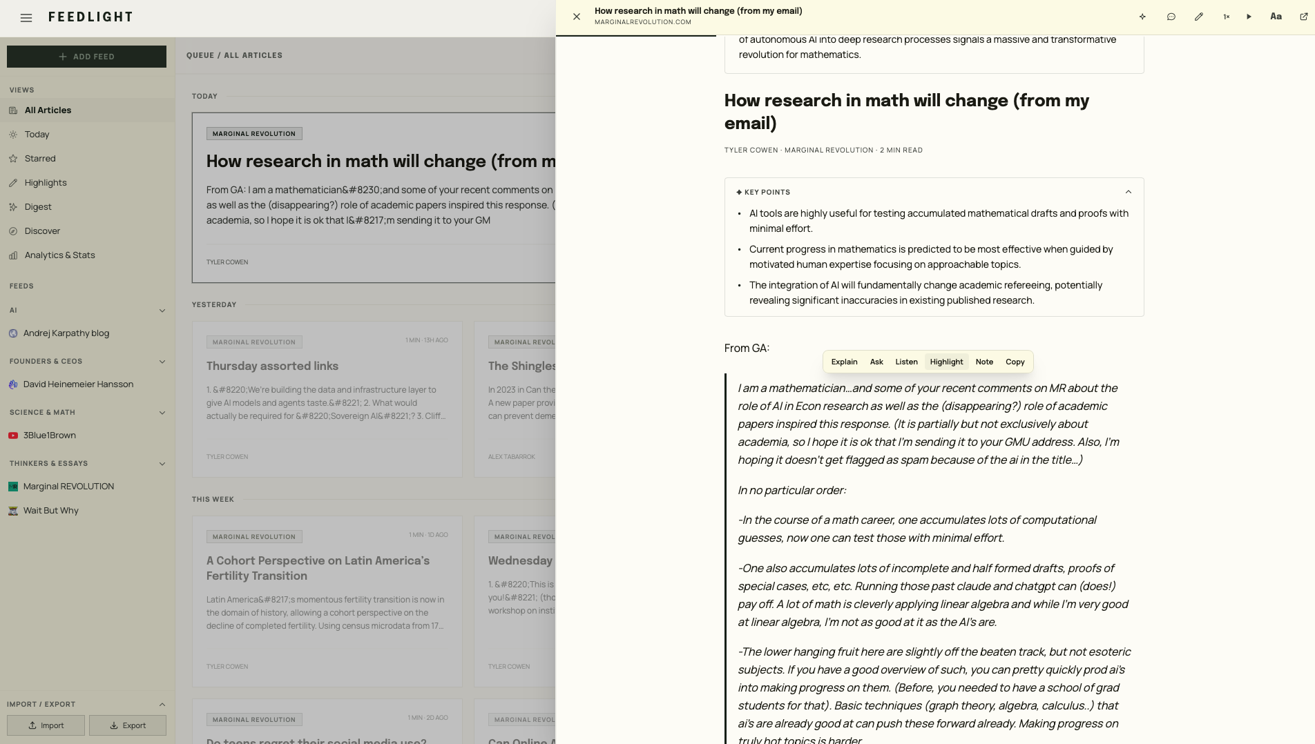 The reader selection toolbar — highlight, note, ask, and listen options