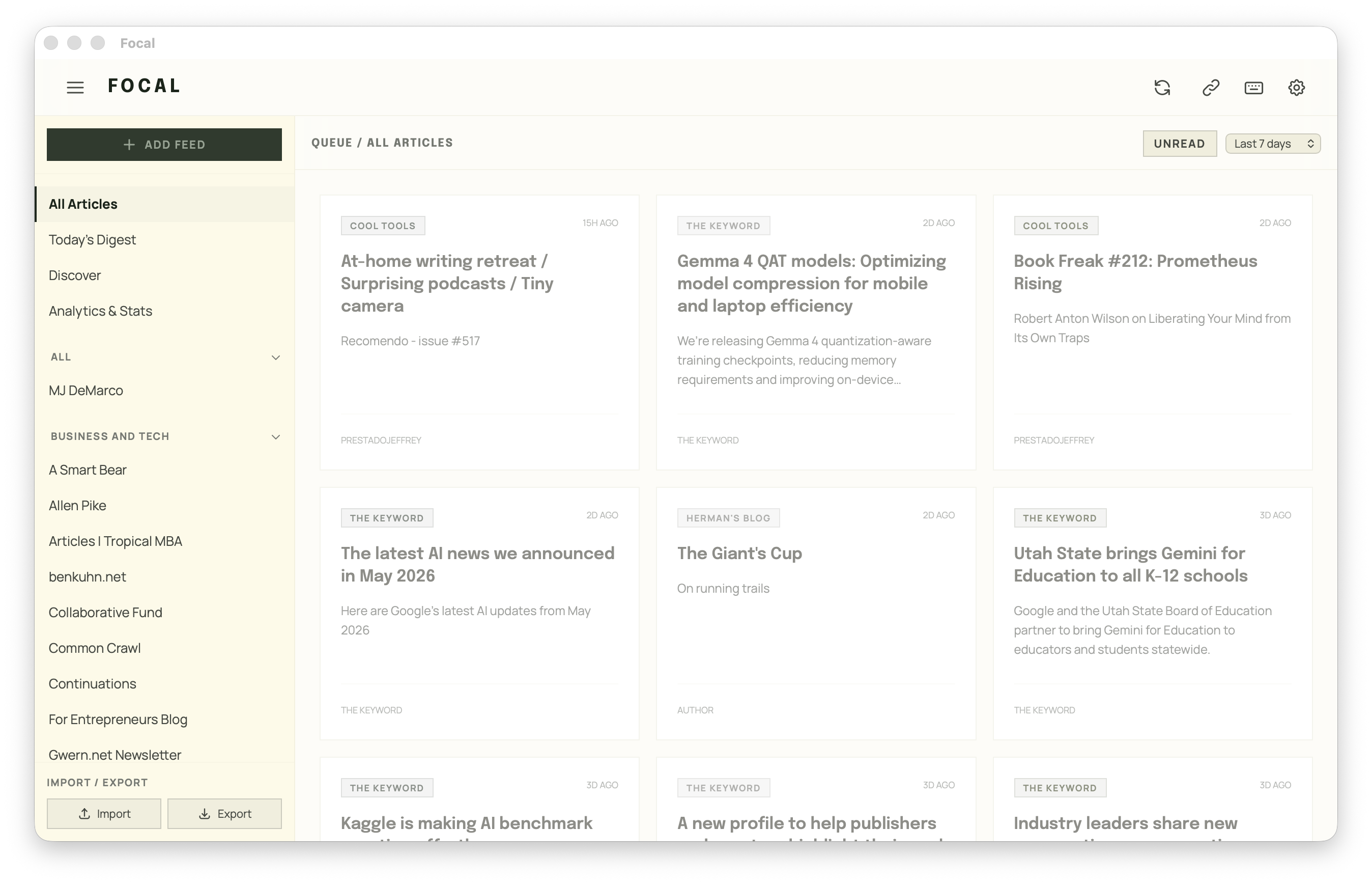 Focal RSS reader showing article timeline
