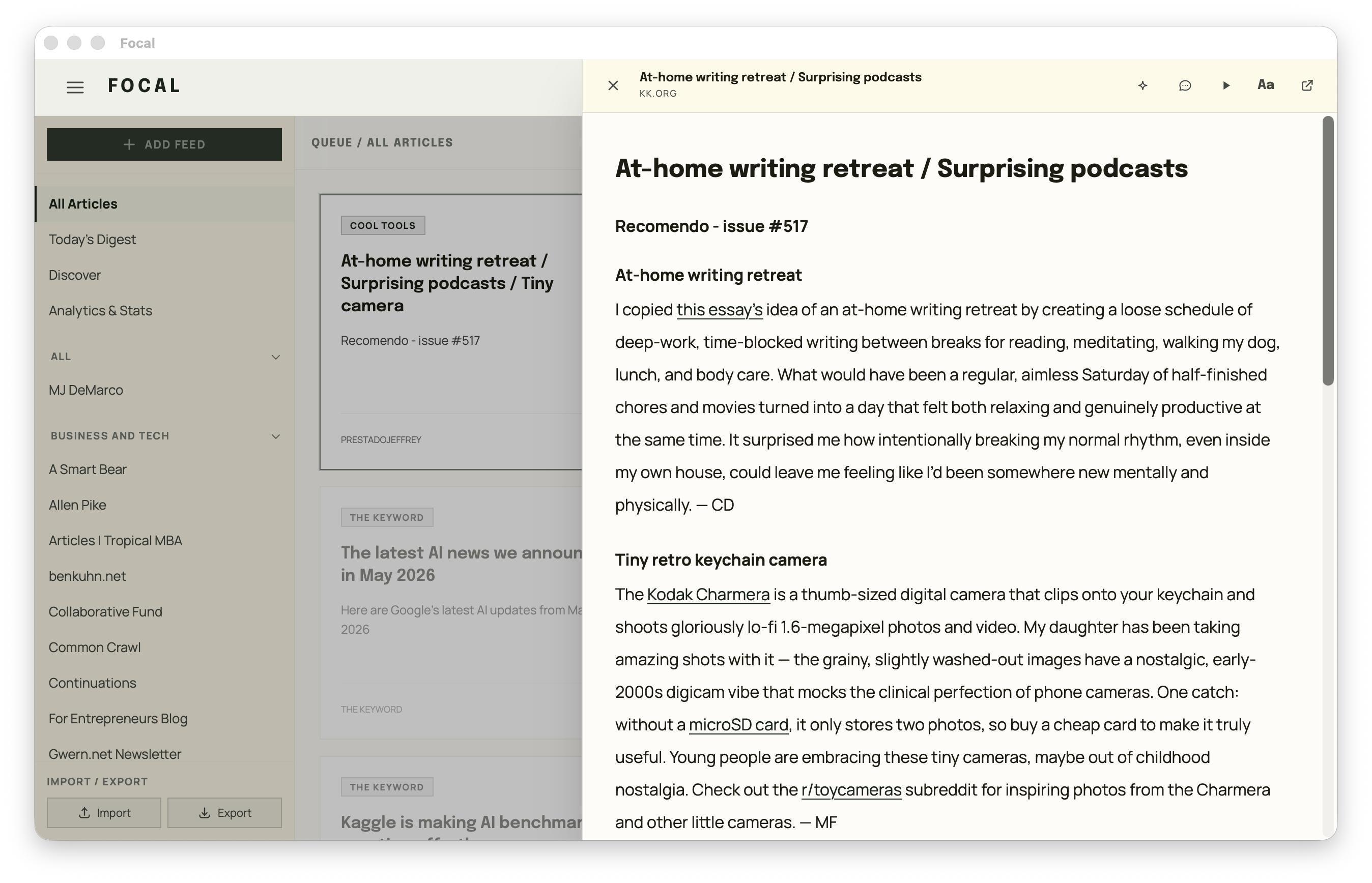 Focal article reader pane