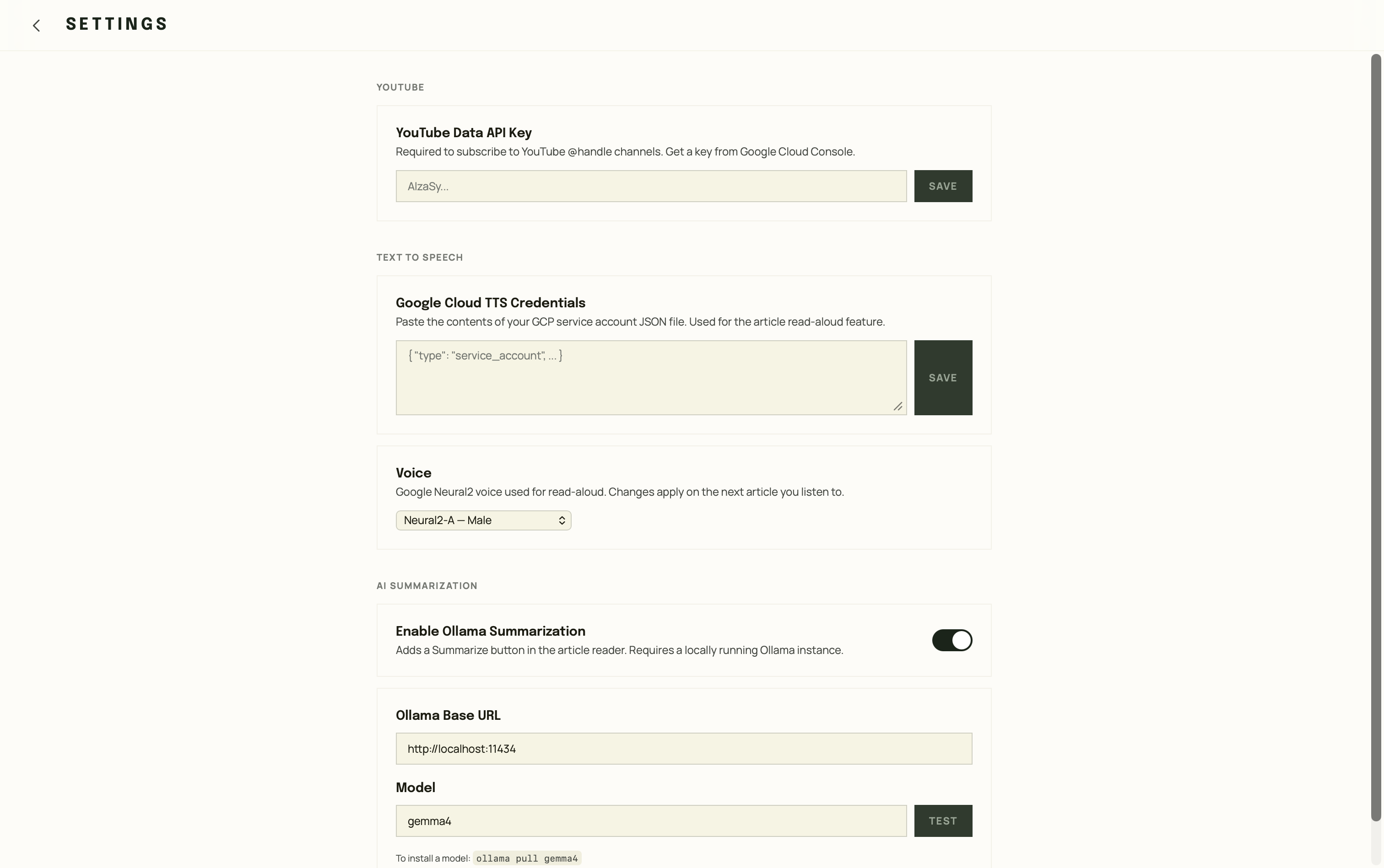 Settings — Ollama, TTS, and YouTube configuration